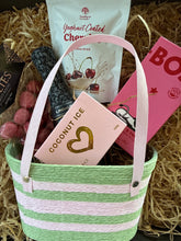 Load image into Gallery viewer, Green stripped gift basket with wine, sweets and herbal tea