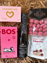 Load image into Gallery viewer, Gift basket with chocolate, coconut ice, Bos strawberry and vanilla tea, and cherries in a basket
