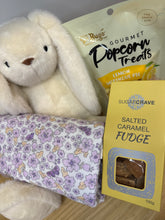 Load image into Gallery viewer, Box with a soft toy, popcorn treats, and salted caramel fudge , tissue wrapped
