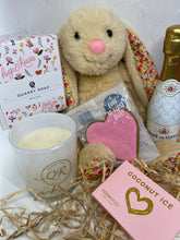 Load image into Gallery viewer, Scented boxed candle, Soft floral eared bunny, Small bottle of wine, heart shaped cookie and coconut ice
