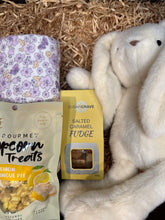 Load image into Gallery viewer, fudge and treats with a plush white bunny toy in a gift box
