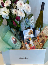 Load image into Gallery viewer, Floral presentation and foodie treats gift basket
