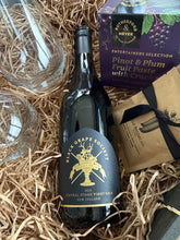 Load image into Gallery viewer, A Black Grape Society Central Otago Pinot Noir wine bottle presented in a gift box with shredded paper filler, alongside a Rutherford &amp; Meyer Pinot &amp; Plum Fruit Paste with Crackers box and a brown paper bag tied with a black ribbon.
