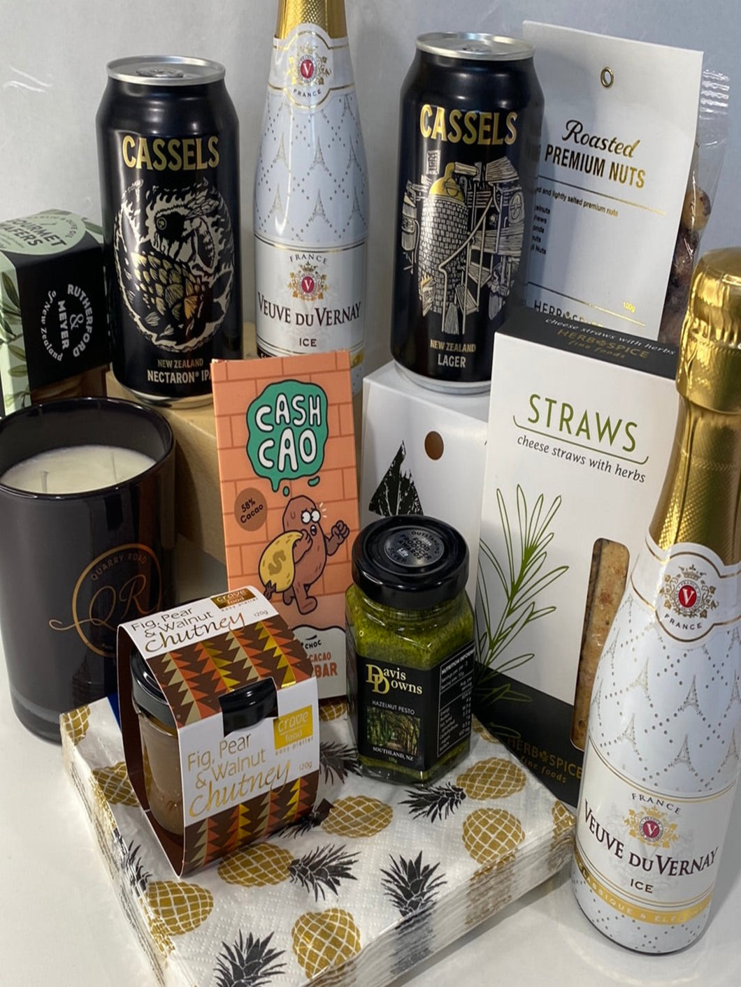 beer , wine , food and scented candle gift box