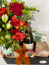 Load image into Gallery viewer, Flowers, wine, candle and foodie hamper
