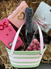 Load image into Gallery viewer, Gift basket with a bottle of wine, chocolate bars, lollies and tea
